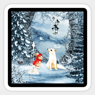 Little icefox with friends in a winter landscape Sticker